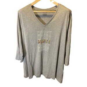 Lane Bryant Gray V Neck Merry Holiday Sparkle Detail 3/4 Sleeve T Shirt Sz 22